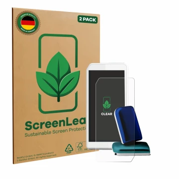 Front side of a product packaging with the brand logo ScreenLeaf. Next to it is the device Kaleido DBLG1 Handset 2023 shown wi