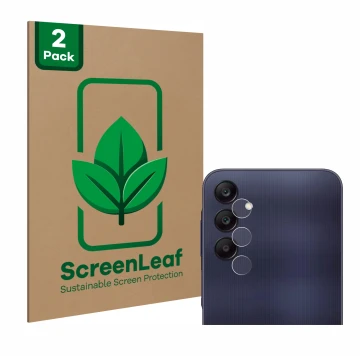 Front side of a product packaging with the brand logo ScreenLeaf. Next to it is the device Samsung Galaxy A25 5G (ONLY Camera)