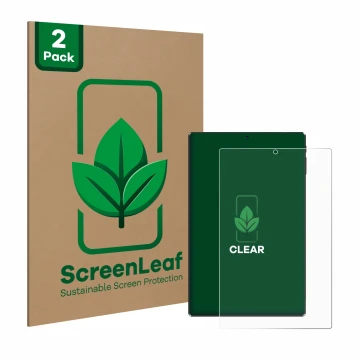Front side of a product packaging with the brand logo ScreenLeaf. Next to it is the device Simplori M107 shown with the corres