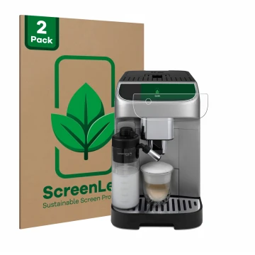 Front side of a product packaging with the brand logo ScreenLeaf. Next to it is the device DeLonghi Magnifica Plus shown with 