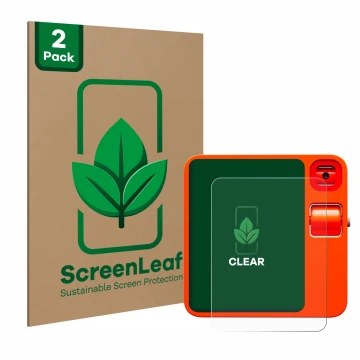 Front side of a product packaging with the brand logo ScreenLeaf. Next to it is the device rabbit r1 shown with the correspond