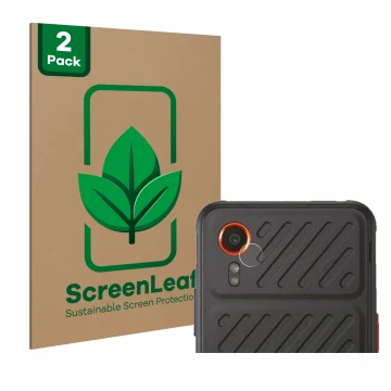 Front side of a product packaging with the brand logo ScreenLeaf. Next to it is the device Samsung Galaxy XCover 7 (ONLY Camer
