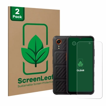 Front side of a product packaging with the brand logo ScreenLeaf. Next to it is the device Samsung Galaxy XCover 7 (Front+Came