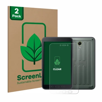 Front side of a product packaging with the brand logo ScreenLeaf. Next to it is the device Samsung Galaxy Tab Active 5 (portra