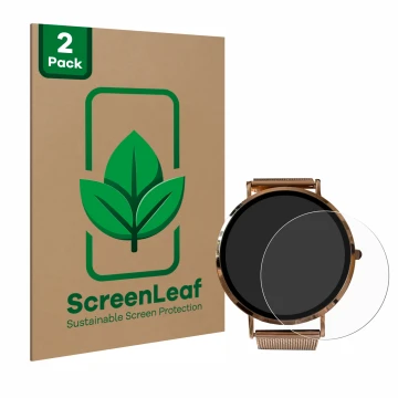 Front side of a product packaging with the brand logo ScreenLeaf. Next to it is the device Micento California Smartwatch shown