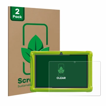 Front side of a product packaging with the brand logo ScreenLeaf. Next to it is the device Clementoni Clempad 10 shown with th