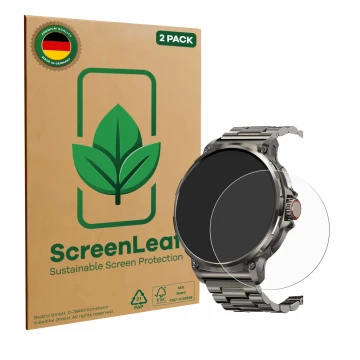 Front side of a product packaging with the brand logo ScreenLeaf. Next to it is the device Tesofit Smartwatch 1.85