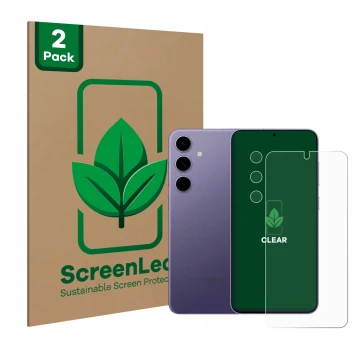 Front side of a product packaging with the brand logo ScreenLeaf. Next to it is the device Samsung Galaxy S24 (Front+Camera) s