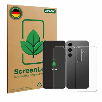 Front side of a product packaging with the brand logo ScreenLeaf. Next to it is the device Samsung Galaxy S24 (Front+Back) sho