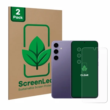 Front side of a product packaging with the brand logo ScreenLeaf. Next to it is the device Samsung Galaxy S24 Plus (Front+Came