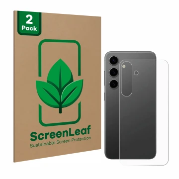 Front side of a product packaging with the brand logo ScreenLeaf. Next to it is the device Samsung Galaxy S24 Plus (Back) show