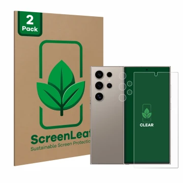 Front side of a product packaging with the brand logo ScreenLeaf. Next to it is the device Samsung Galaxy S24 Ultra (case-frie