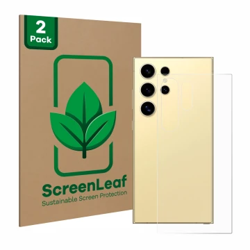 Front side of a product packaging with the brand logo ScreenLeaf. Next to it is the device Samsung Galaxy S24 Ultra (Back) sho