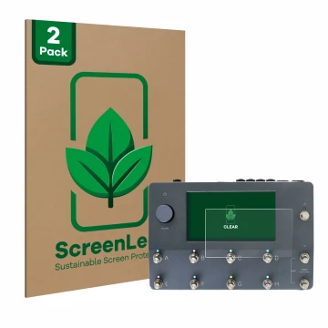 Front side of a product packaging with the brand logo ScreenLeaf. Next to it is the device Neural DSP Quad Cortex shown with t