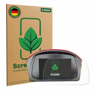 Front side of a product packaging with the brand logo ScreenLeaf. Next to it is the device Moto Morini X-Cape 649 shown with t