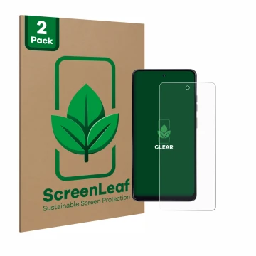 Front side of a product packaging with the brand logo ScreenLeaf. Next to it is the device Motorola Moto G24 shown with the co