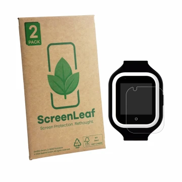 Front side of a product packaging with the brand logo ScreenLeaf. Next to it is the device SaveFamily Iconic Plus 4G shown wit