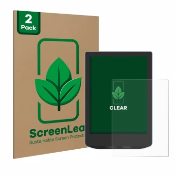 Front side of a product packaging with the brand logo ScreenLeaf. Next to it is the device Vivlio Light HD shown with the corr