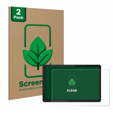 Front side of a product packaging with the brand logo ScreenLeaf. Next to it is the device Lenovo Tab M11 shown with the corre