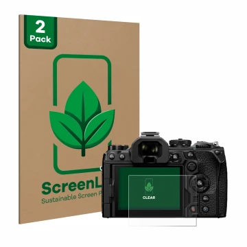 Front side of a product packaging with the brand logo ScreenLeaf. Next to it is the device Olympus OM System OM-1 Mark II show
