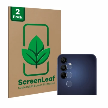 Front side of a product packaging with the brand logo ScreenLeaf. Next to it is the device Samsung Galaxy A15 (ONLY Camera Len