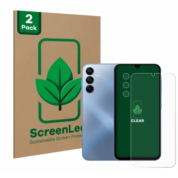 Front side of a product packaging with the brand logo ScreenLeaf. Next to it is the device Samsung Galaxy A15 (Front+Camera) s