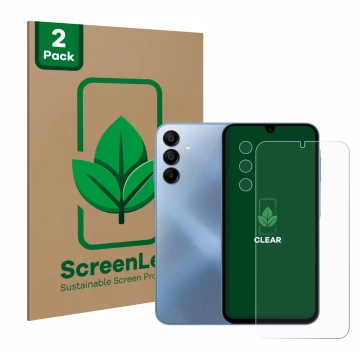 Front side of a product packaging with the brand logo ScreenLeaf. Next to it is the device Samsung Galaxy A15 5G (Front+Camera