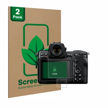 Front side of a product packaging with the brand logo ScreenLeaf. Next to it is the device Nikon Z 8 (Display + top plate disp