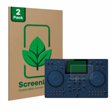 Front side of a product packaging with the brand logo ScreenLeaf. Next to it is the device AlphaTheta OMNIS-Duo shown with the