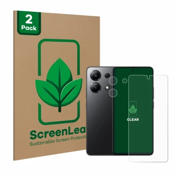 Front side of a product packaging with the brand logo ScreenLeaf. Next to it is the device Xiaomi Redmi Note 13 (Front+Camera)