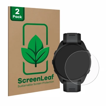 Front side of a product packaging with the brand logo ScreenLeaf. Next to it is the device Garmin Forerunner 165 shown with th