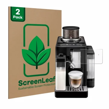 Front side of a product packaging with the brand logo ScreenLeaf. Next to it is the device DeLonghi Rivelia shown with the cor