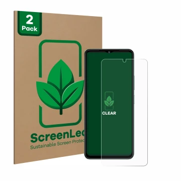 Front side of a product packaging with the brand logo ScreenLeaf. Next to it is the device Xiaomi Redmi A3 shown with the corr