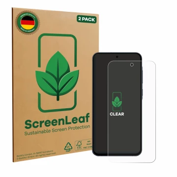 Front side of a product packaging with the brand logo ScreenLeaf. Next to it is the device Samsung Galaxy A55 5G shown with th