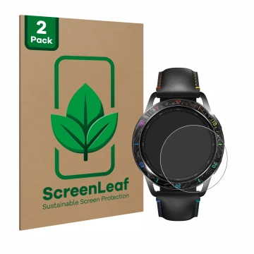 Front side of a product packaging with the brand logo ScreenLeaf. Next to it is the device Xiaomi Watch S3 shown with the corr