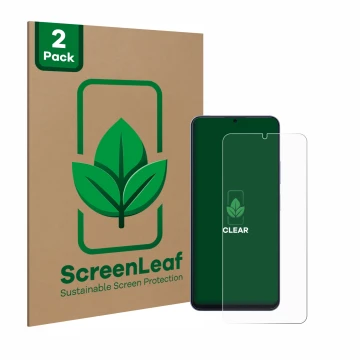 Front side of a product packaging with the brand logo ScreenLeaf. Next to it is the device Blackview Color 8 shown with the co