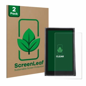 Front side of a product packaging with the brand logo ScreenLeaf. Next to it is the device Vmax VX4 shown with the correspondi