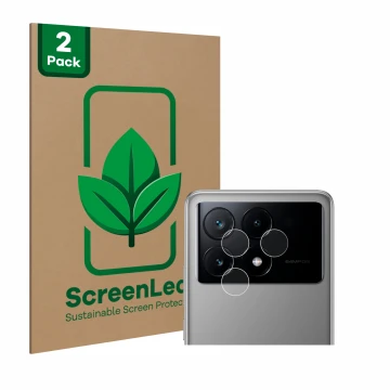 Front side of a product packaging with the brand logo ScreenLeaf. Next to it is the device Xiaomi Poco X6 Pro (ONLY Camera Len