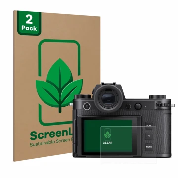 Front side of a product packaging with the brand logo ScreenLeaf. Next to it is the device Leica SL3 shown with the correspond