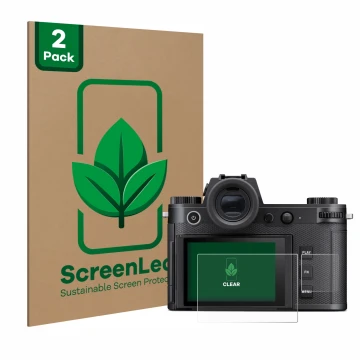 Front side of a product packaging with the brand logo ScreenLeaf. Next to it is the device Leica SL3 (Display + top plate disp