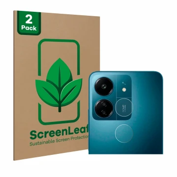Front side of a product packaging with the brand logo ScreenLeaf. Next to it is the device Xiaomi Redmi 13C (ONLY Camera Lens)