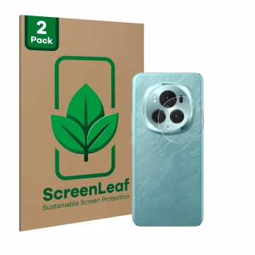 Front side of a product packaging with the brand logo ScreenLeaf. Next to it is the device Honor Magic 6 Pro (ONLY Camera Lens