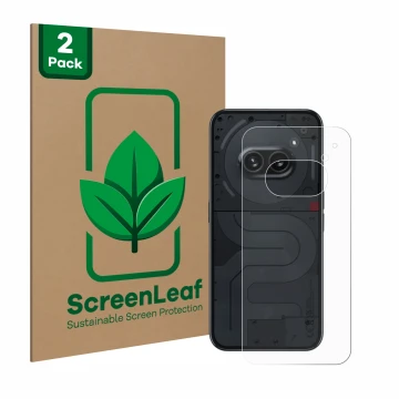 Front side of a product packaging with the brand logo ScreenLeaf. Next to it is the device Nothing Phone (2a) (Back) shown wit