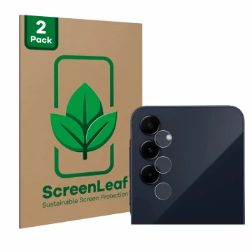 Front side of a product packaging with the brand logo ScreenLeaf. Next to it is the device Samsung Galaxy A55 5G (ONLY Camera 
