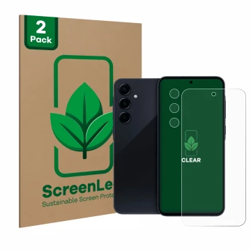Front side of a product packaging with the brand logo ScreenLeaf. Next to it is the device Samsung Galaxy A55 5G (Front+Camera
