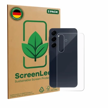 Front side of a product packaging with the brand logo ScreenLeaf. Next to it is the device Samsung Galaxy A55 5G (Back) shown 