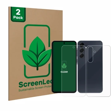 Front side of a product packaging with the brand logo ScreenLeaf. Next to it is the device Samsung Galaxy A55 5G (Front+Back) 