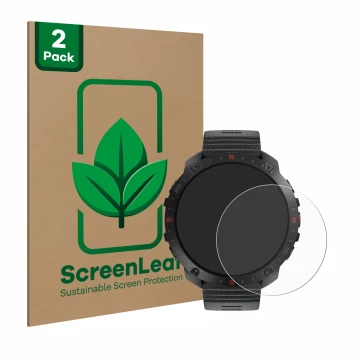 Front side of a product packaging with the brand logo ScreenLeaf. Next to it is the device Polar Grit X2 Pro shown with the co