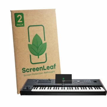 Front side of a product packaging with the brand logo ScreenLeaf. Next to it is the device KORG Pa5X shown with the correspond