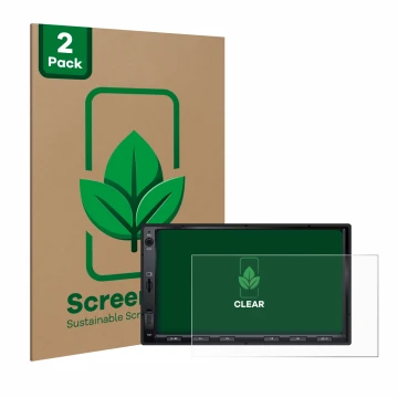 Front side of a product packaging with the brand logo ScreenLeaf. Next to it is the device Atoto F7 WE shown with the correspo